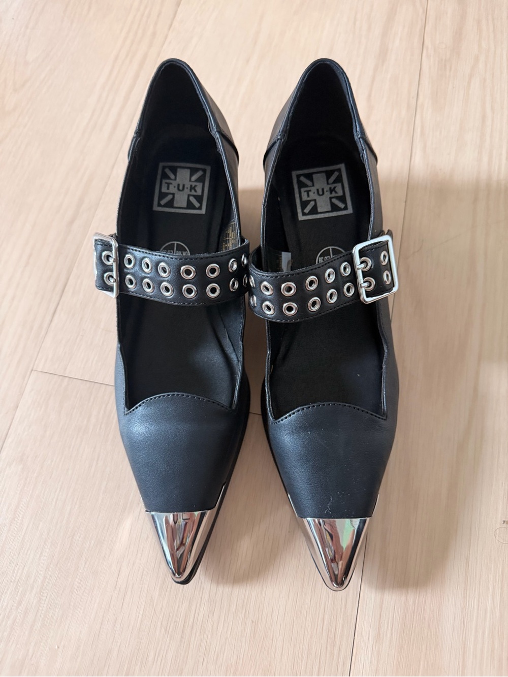 T.U.K Black Mary Jane Pumps with Silver Cap Toe and Grommet Strap